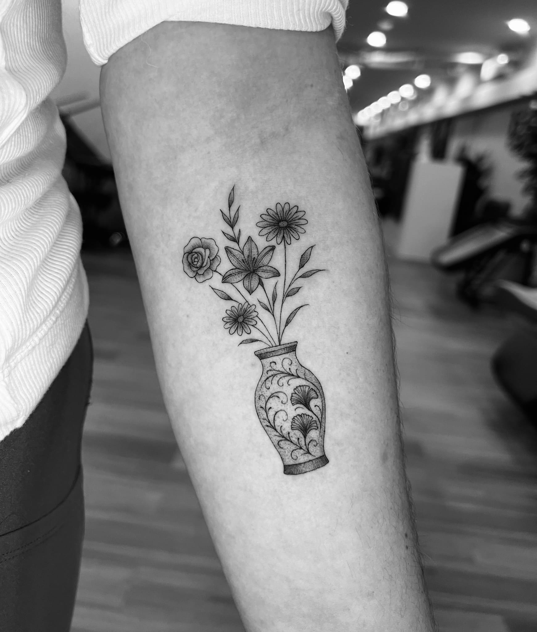 Fine Line Floral Vase Tattoo