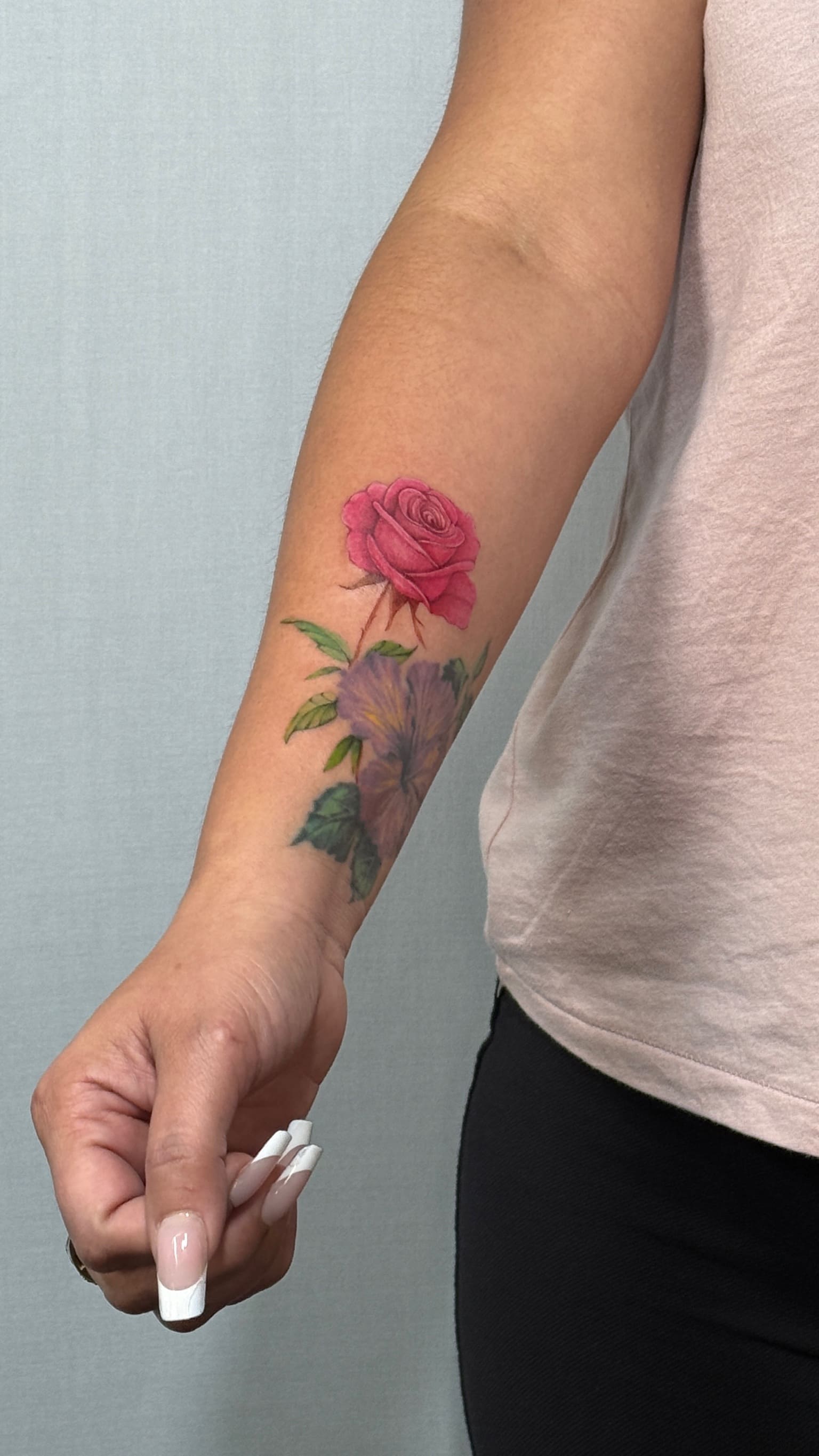 Realistic Color Rose & Hibiscus Tattoo