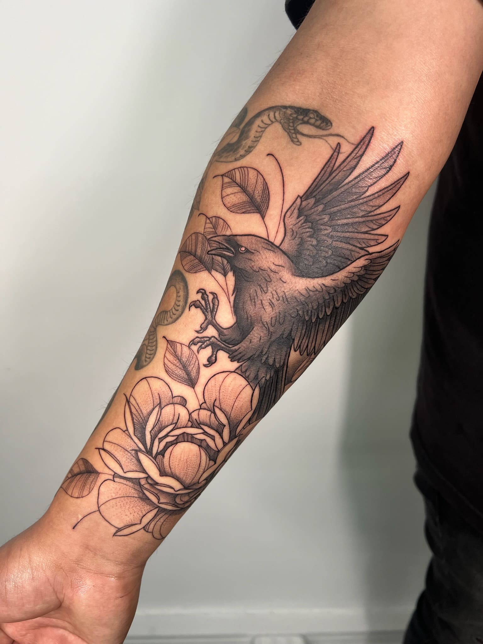 Raven & Peony Sleeve Tattoo