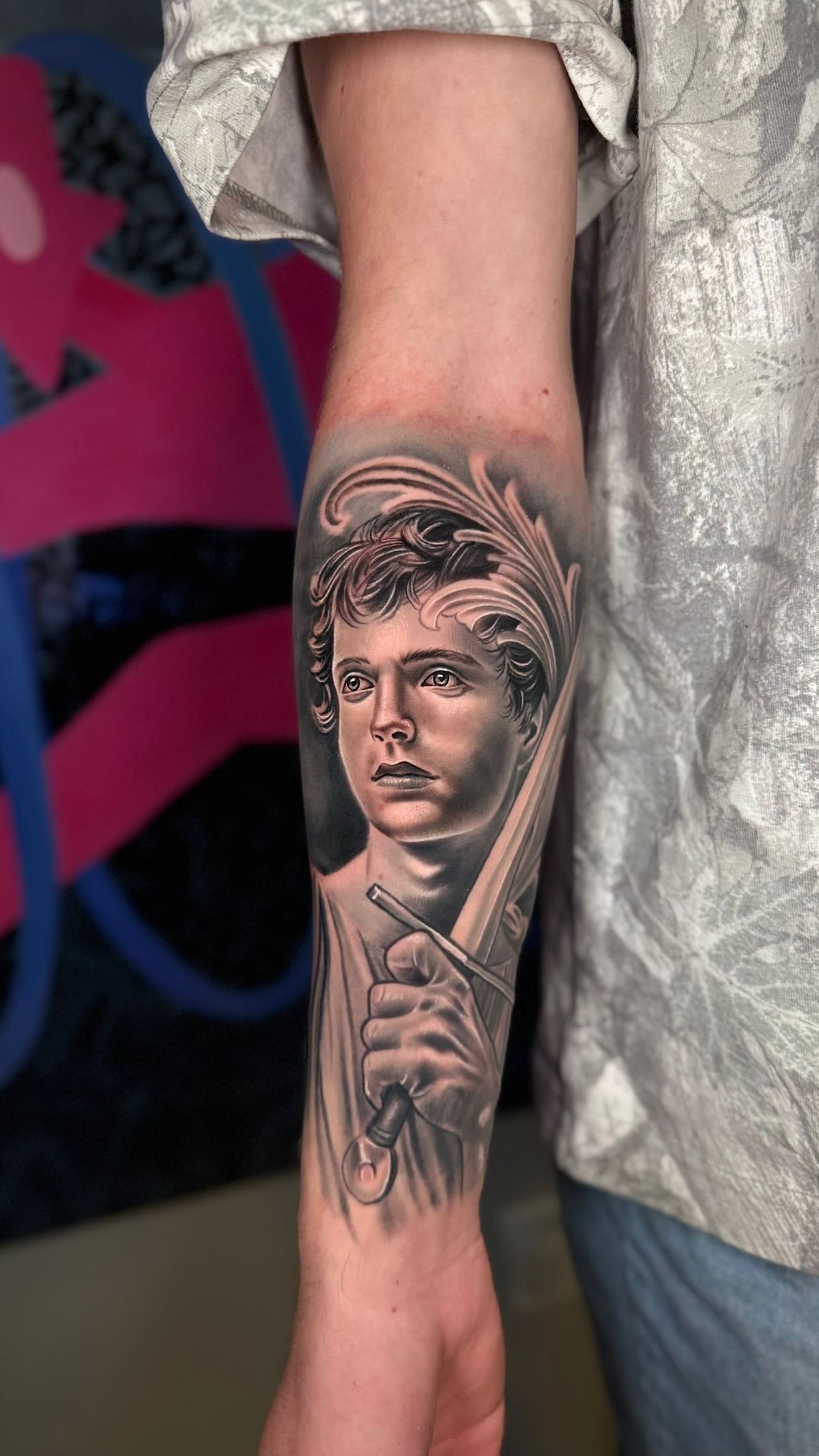 Black & Grey Portrait with Ornamental Flow