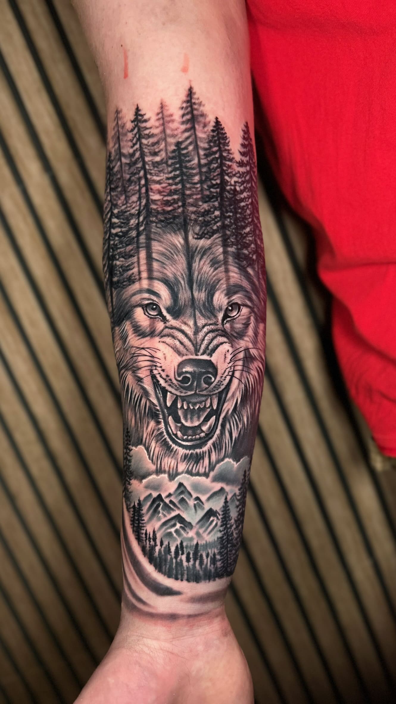 Wolf & Forest Double Exposure Tattoo