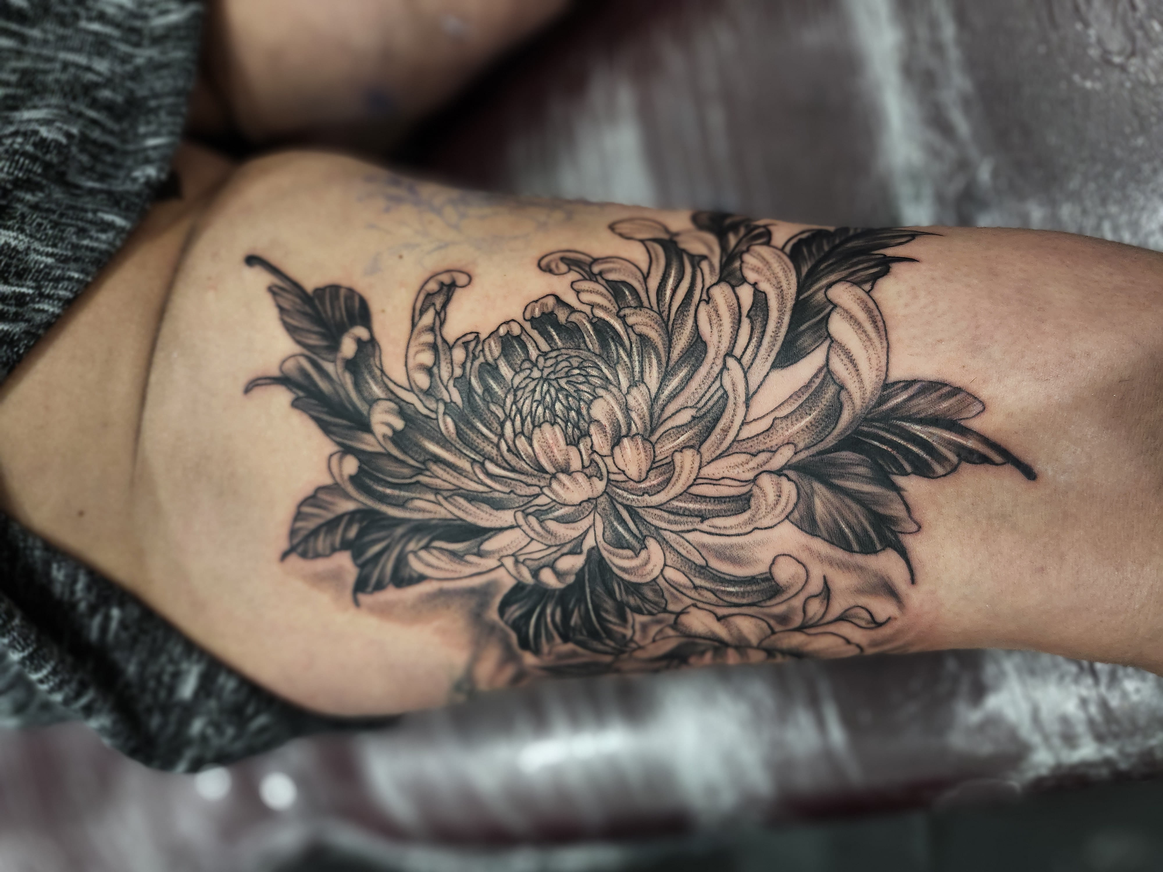 Chrysanthème Élégant en Noir et Gris