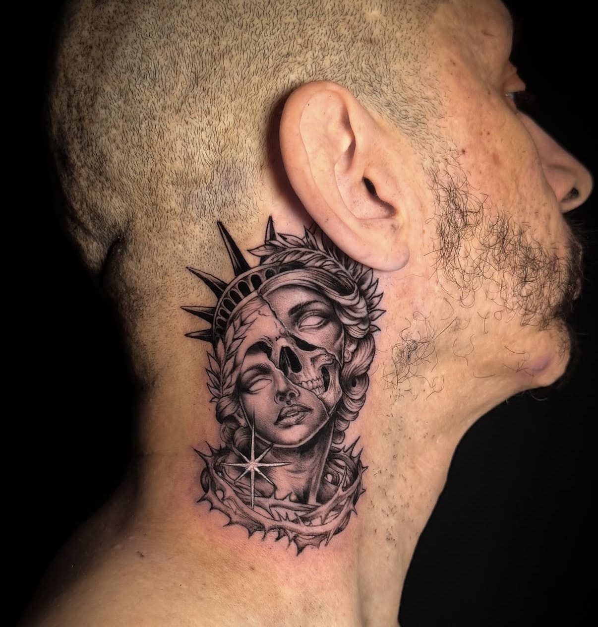 Dark Statue of Liberty Neck Tattoo