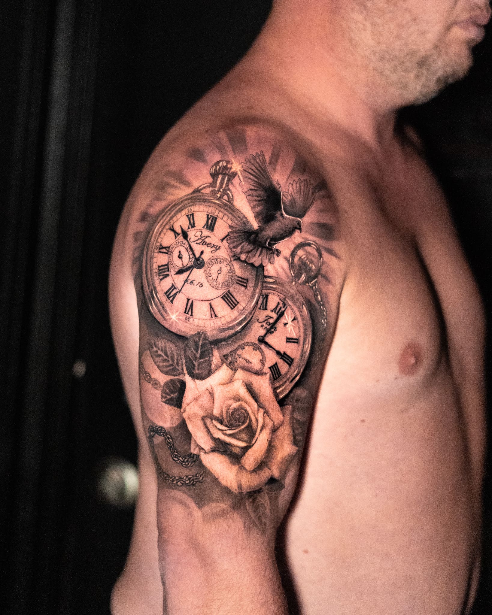 Time & Rose Realism Tattoo