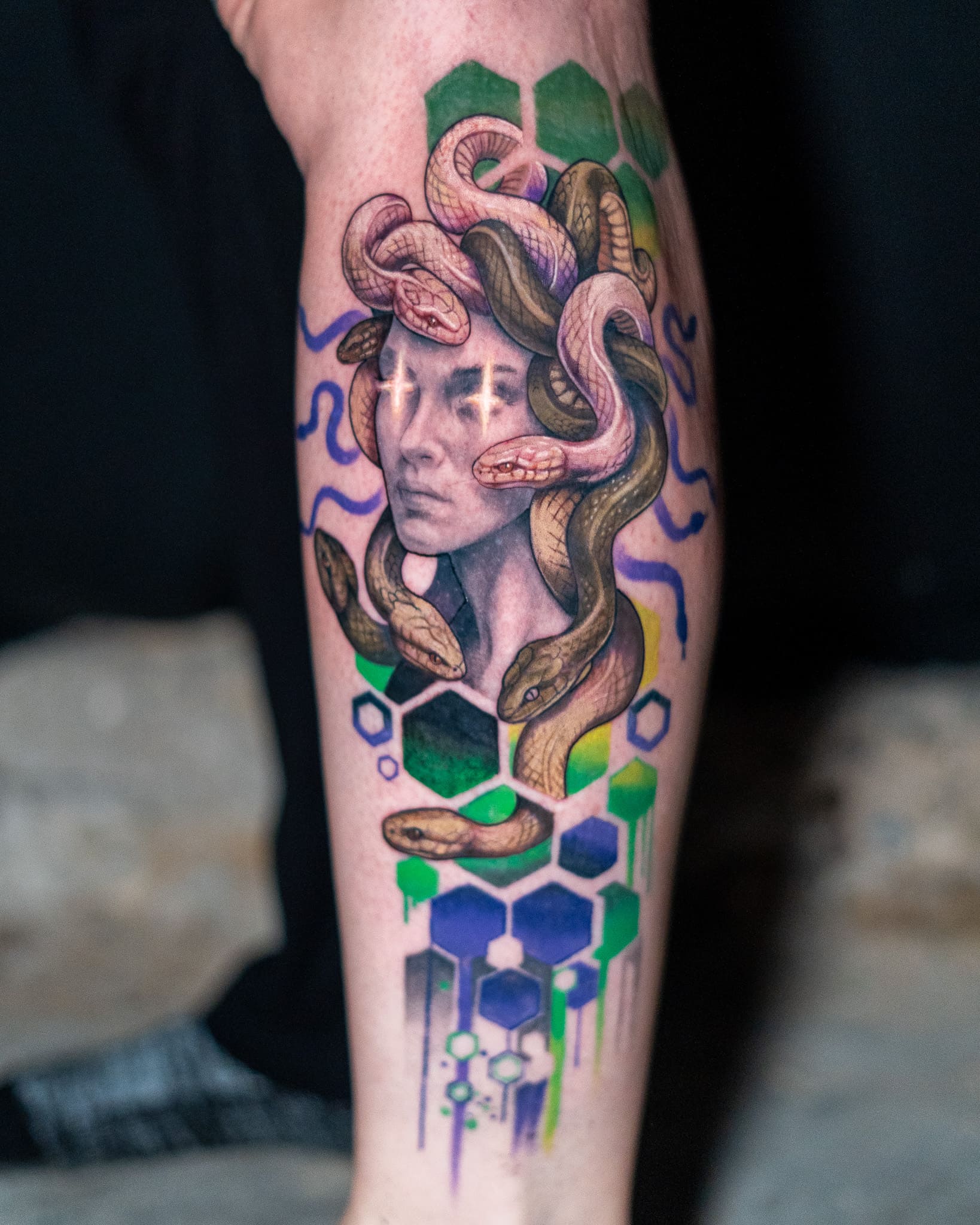 Medusa Geometric Color Tattoo