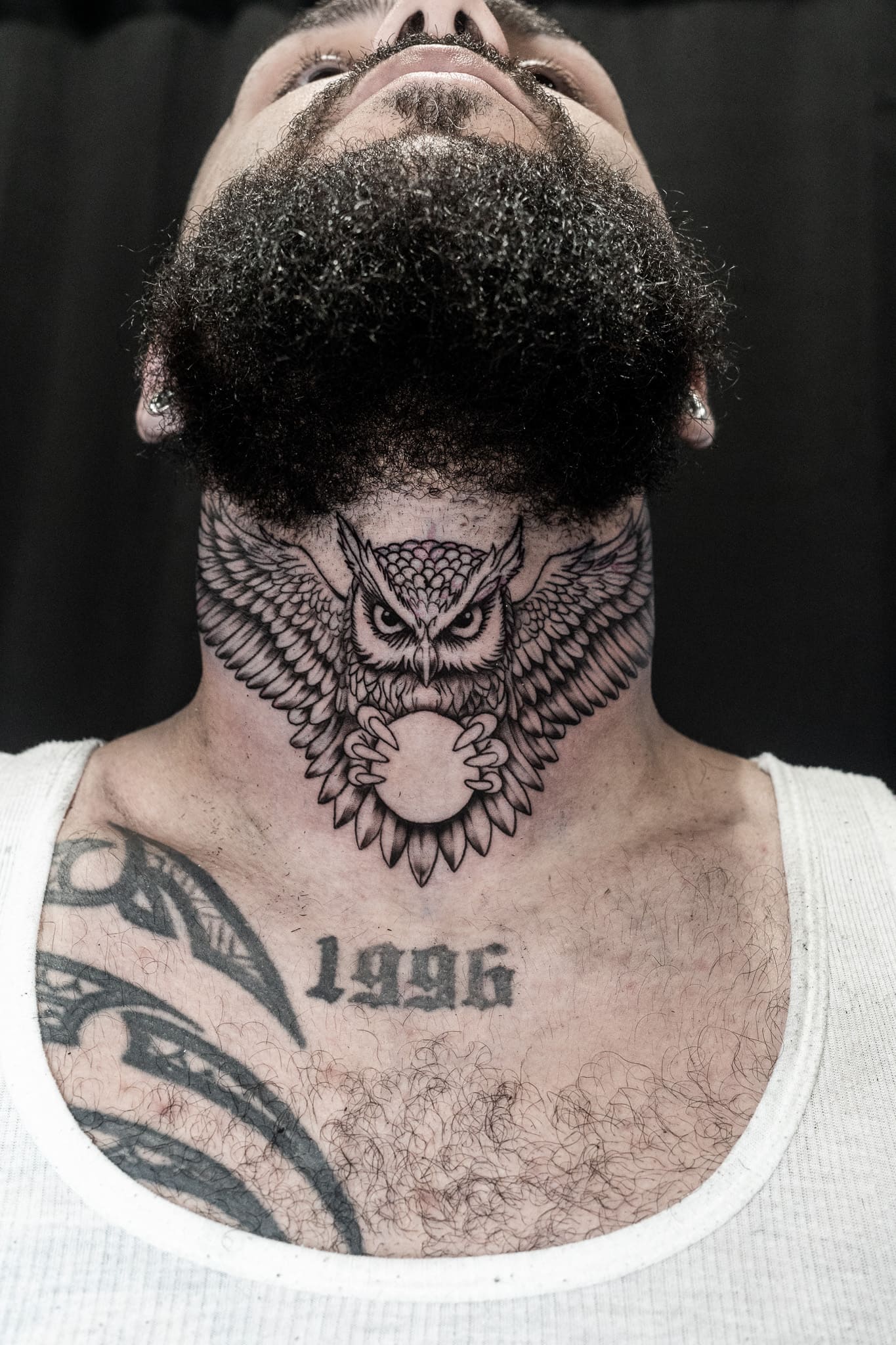 Owl & Moon Neck Tattoo