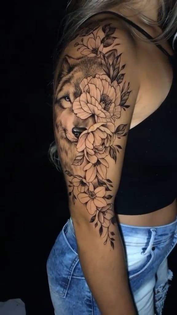 Wolf and Flowers Tattoo
