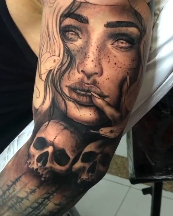 Mystical Woman with Snakes and Skulls