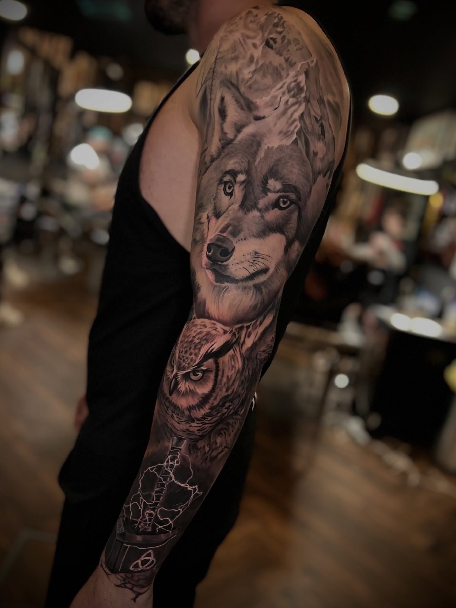 Owl and Lightning Tattoo Sleeve