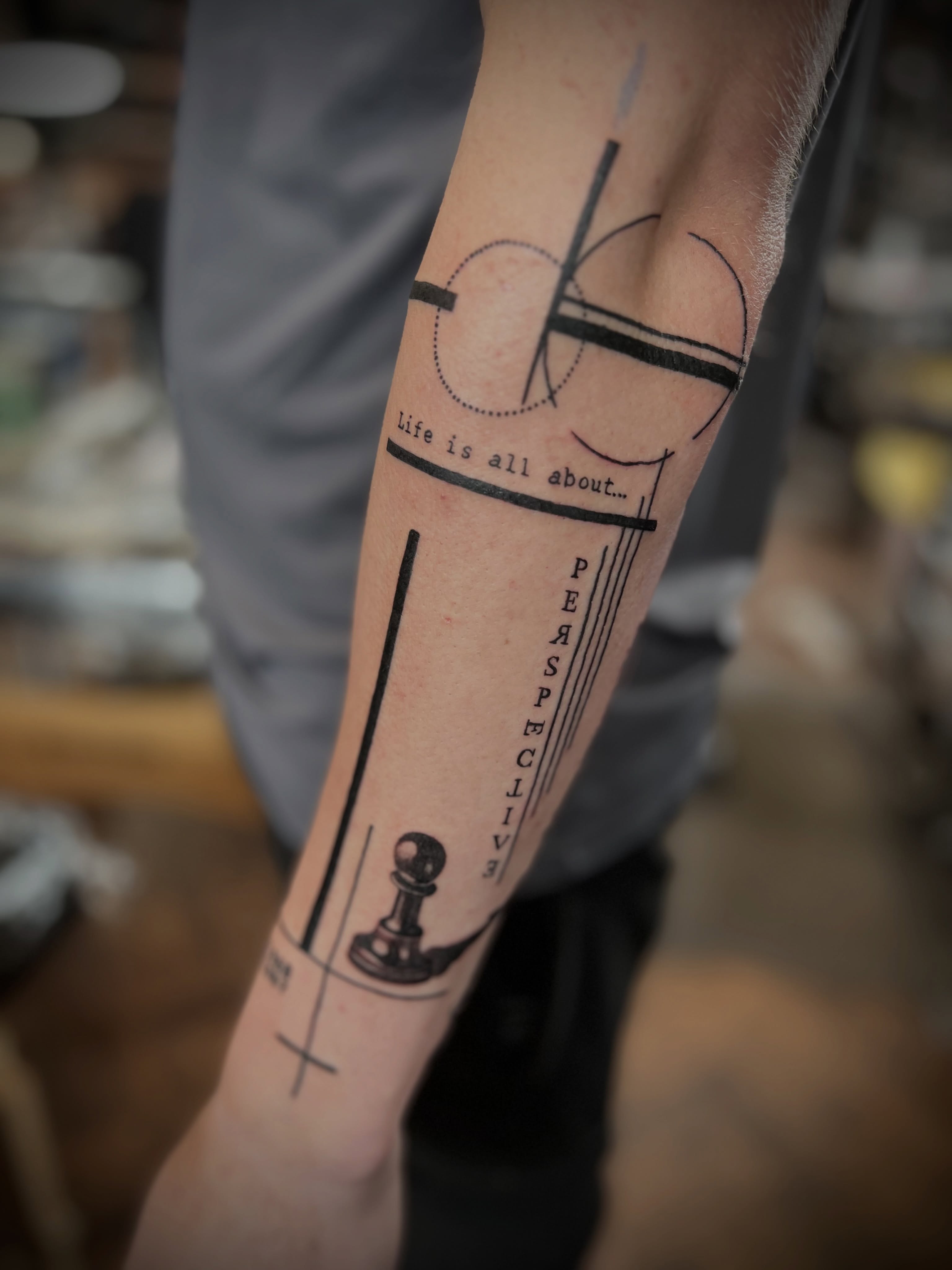 Abstract Geometric Tattoo with Chess Pawn and Lettering